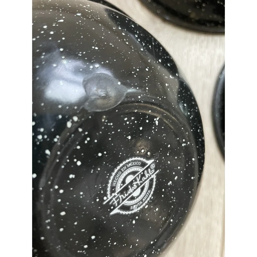 Set of 3 Frida Kahlo‎ Black and White Speckled Enamel Metal Bowls 7.75
